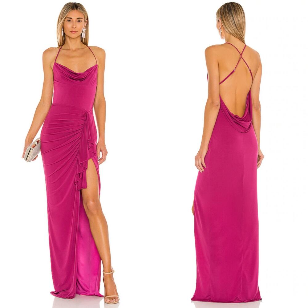 Katie May So Juicy Maxi Dress Cowl Neck Fuchsia Gown Peacock Small Slit Sexy